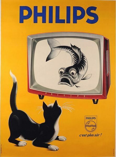 Vintage French Philips TV Cute Cat and Fish Advertising Poster A3