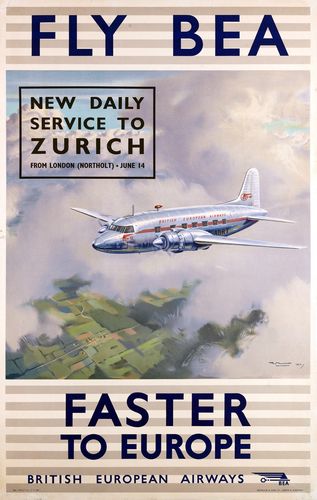 Vintage BEA Faster Flights To Europe Poster A3/A4