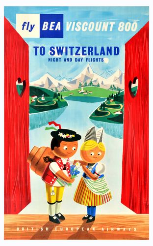 Vintage BEA Flights To Switzerland Poster A3/A4