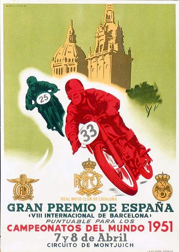 Vintage 1951 Spanish Motor Cycle Grand Prix Poster Reprint A3/A4