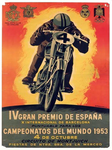 Vintage 1953 Spanish Motor Cycle Grand Prix Poster Reprint A3/A4