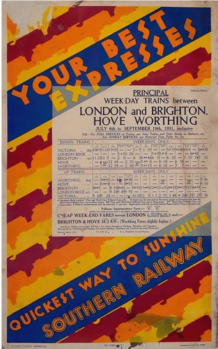 Vintage Southern Railway Southern Express To Brighton Worthing Railway Poster Reprint A3/A4