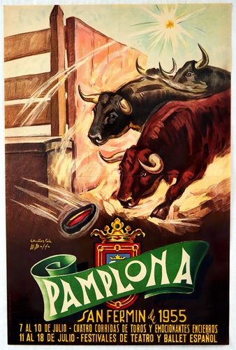 Vintage 1955 Pamplona Running Of The Bulls Tourism Poster Reprint A3/A4