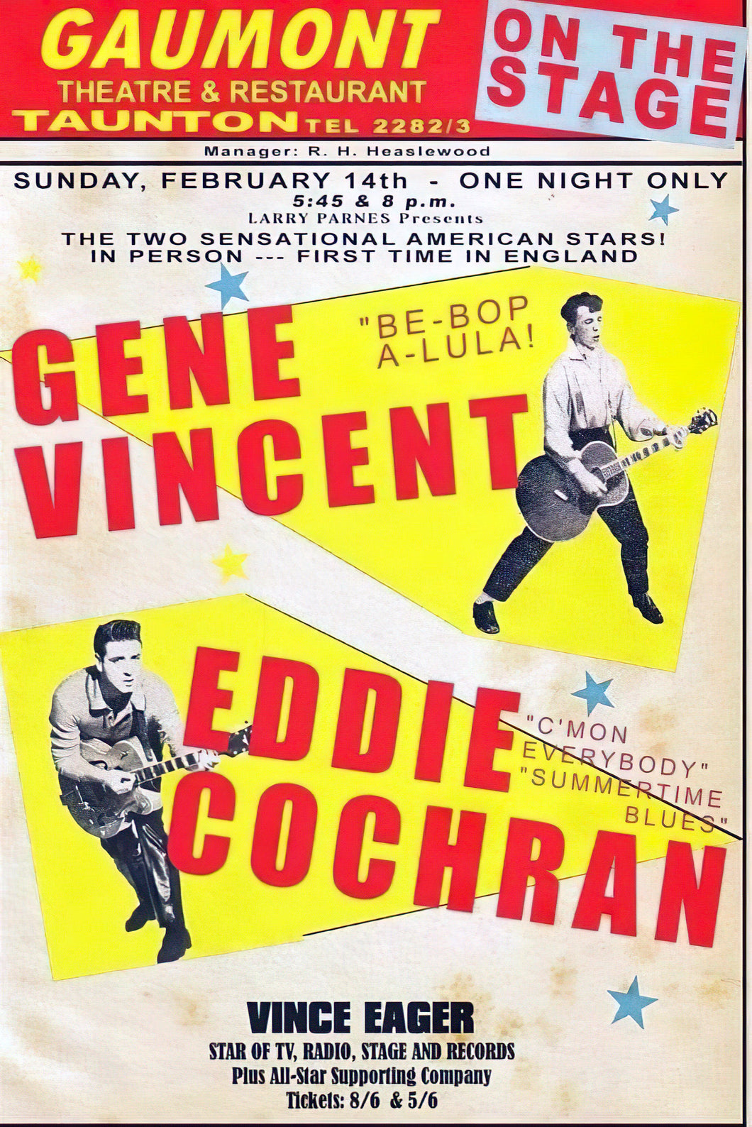 Vintage 1960 Gene Vincent Eddie Cochran Concert Tour Taunton Poster Print A3/A4
