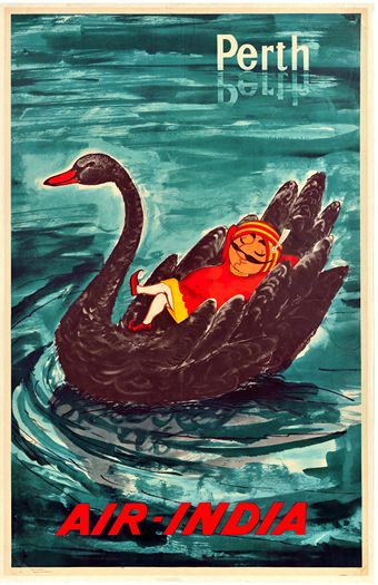 Vintage Air India Flights To Perth Australia Black Swan Poster Print A3/A4