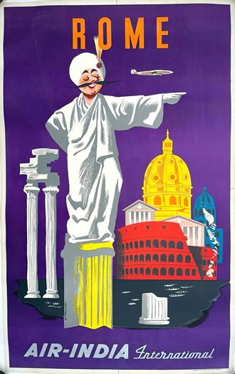 Vintage Air India International Flights To Rome Poster Print A3/A4
