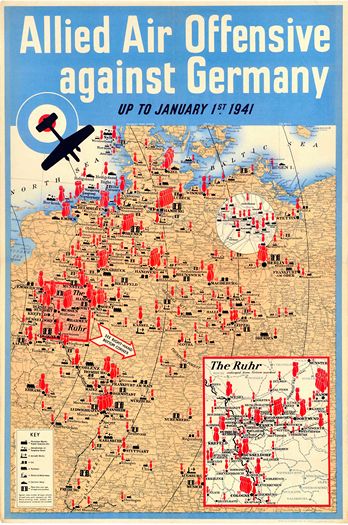 Vintage Map of Allied Air Offensive Against Germany 1941 Poster Print A3/A4