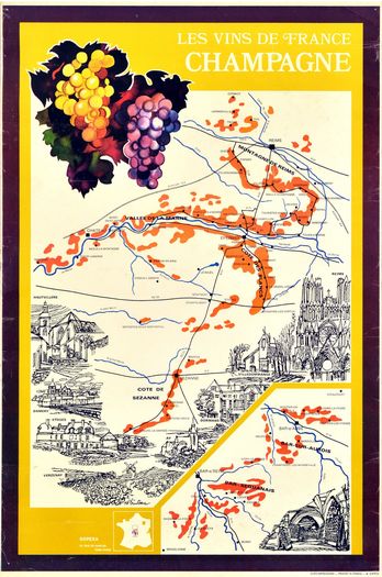 Vintage French Wines Champagne Region Map Tourism Poster Print A3/A4