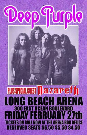 Vintage 1976 Deep Purple Long Beach Concert Tour Poster Print A3/A4