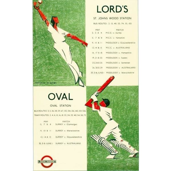 1930’s Lords and Oval Cricket in London Promotional Poster 