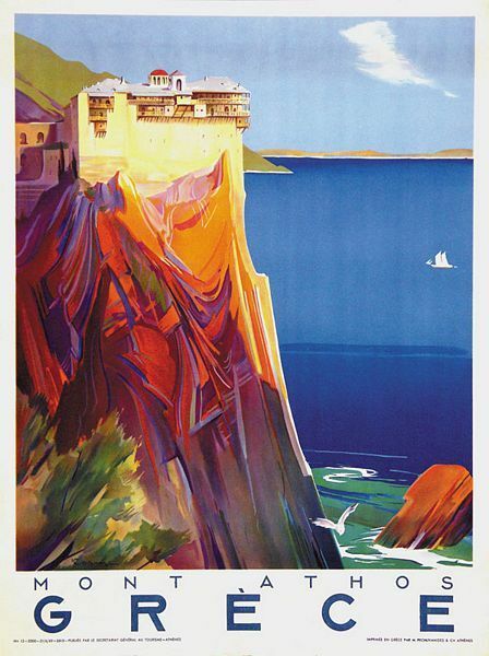 Vintage Greek Mount Athos Travel Poster A3 Print