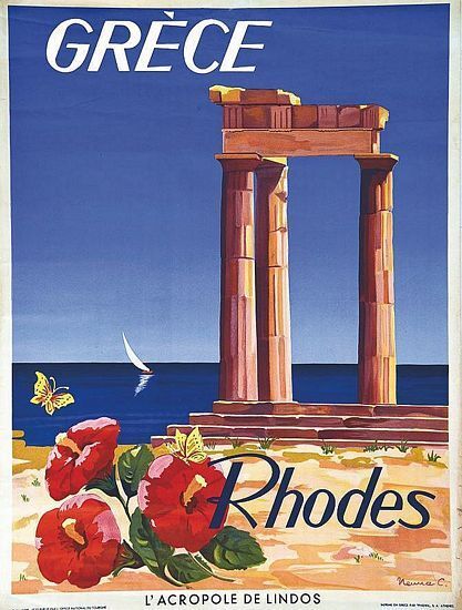 Vintage Acropolis of Lindos Rhodes Greece Tourism Poster  A3 Print