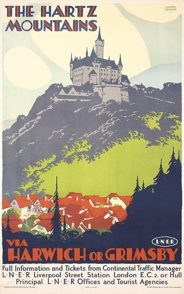 Vintage LNER Hartz Mountains via Harwich or Grimsby Railway Poster  A3 Print