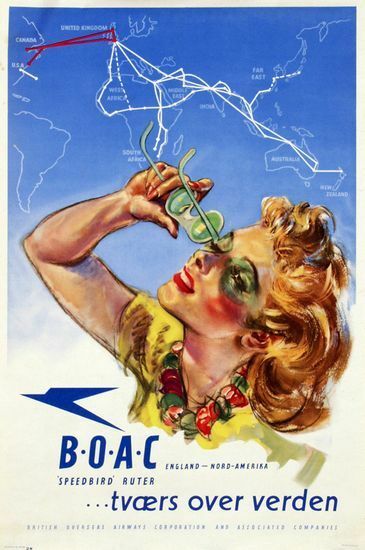 Vintage Danish BOAC Across The World Airline Poster A3 Print