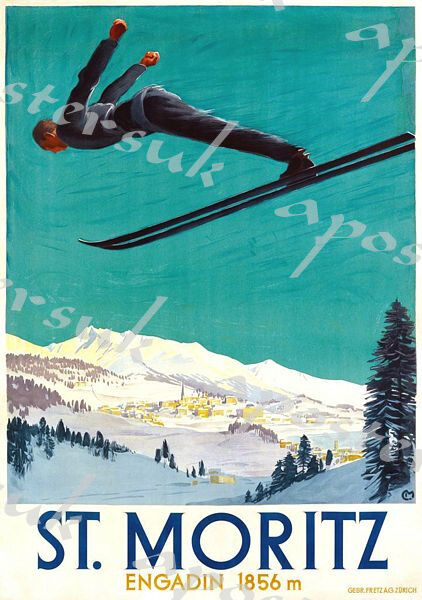 Vintage St Moritz Switzerland Ski Jumping Poster A3/A4 Print