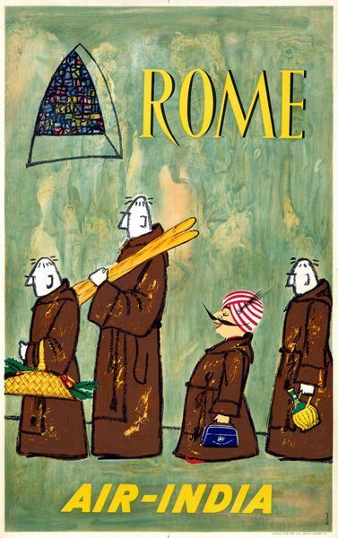 Vintage Air India Flights to Rome Travel Poster A3 / A2 Print