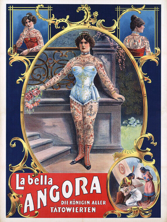 ANTIQUE LA BELLA ANGORA TATTOOED LADY FREAK SIDE SHOW CIRCUS A3 POSTER REPRINT