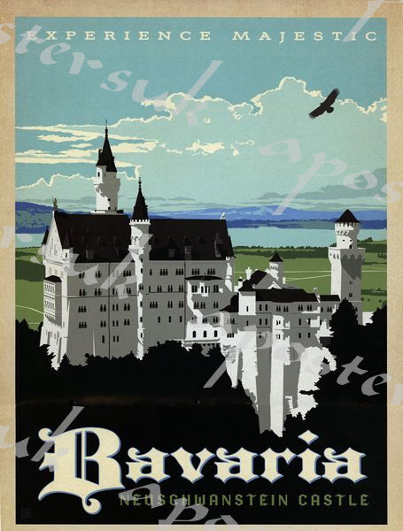 Vintage Bavaria Germany Neuschwanstein Castle Tourism Poster A4/A3/A2/A1 Print