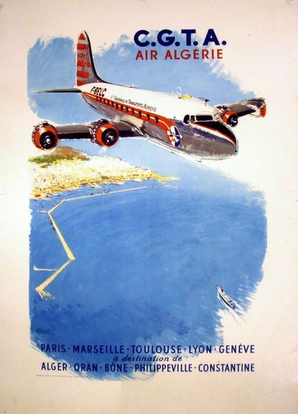 Vintage Algerian Airlines Flights to France Poster  A3 Print