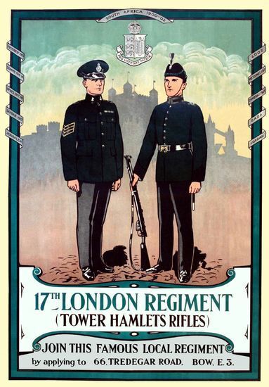 Vintage WW1 London Regiment Tower Hamlets Rifles Recruitment Poster  A3 Print