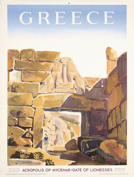 Vintage Greek Mycenae Lion Gate  Travel Poster A3 Print