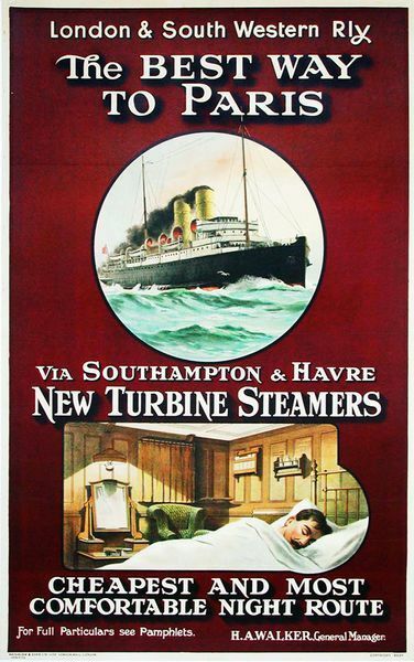Edwardian LSW Railway Steamers to Paris Ferry Poster  A3 Print
