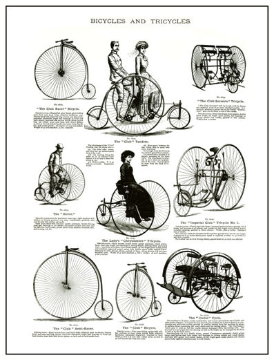 ANTIQUE VICTORIAN CATALOGUE ILLUSTRATION BICYCLES TRICYCLES A3  POSTER REPRINT