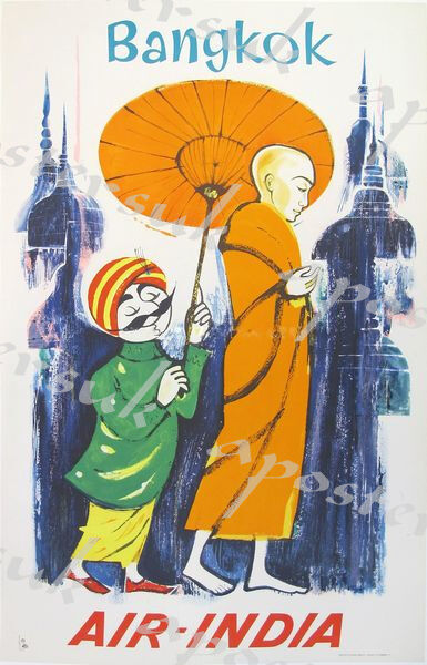 Vintage Air India Flights to Bangkok Poster A3/A4 Print