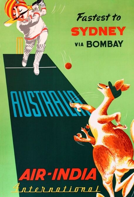 VINTAGE AIR INDIA TRAVEL TO AUSTRALIA CRICKET PLAYERS  A3 POSTER REPRINT