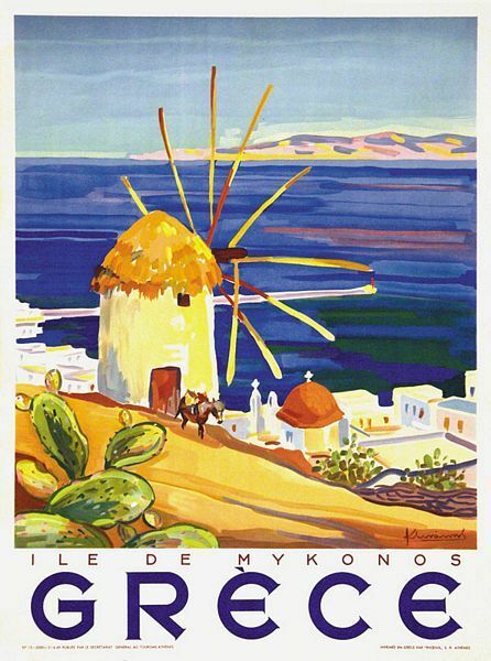 Vintage Greek Mykonos Travel Poster A3 Print