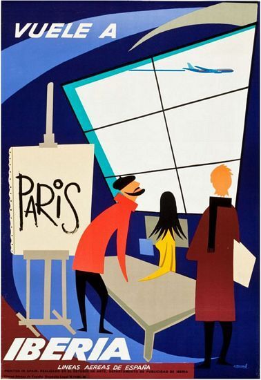 Vintage Iberia Spanish Airlines Flights to Paris  Poster A3 Print