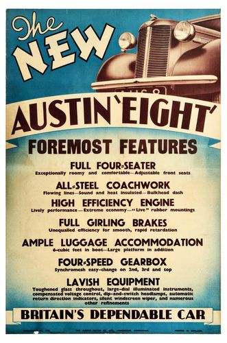 Vintage Austin Eight UK Car Advertisement Poster A3/A4