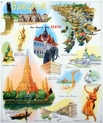 Vintage Qantas Flights To Bangkok Poster A3/A4