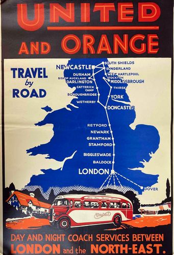 Vintage United and Orange Overnight Coach within England Poster A3/A4