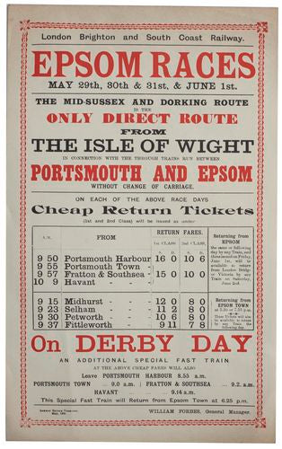 Vintage Early 20th Century LBSCR Portsmouth to Epsom Races Railway Poster A3/A4