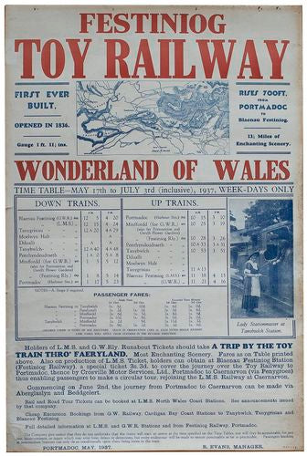 Vintage 1937 Festiniog Railway Timetable Poster A3/A4