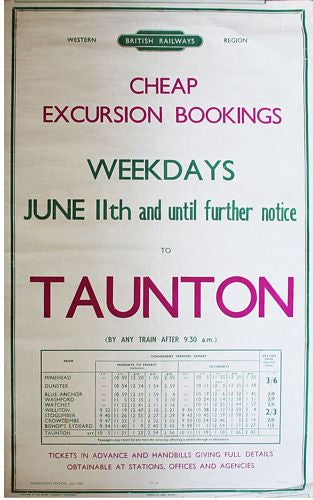 Vintage British Rail 1956 Minehead to Taunton Railway Timetable Poster A3/A4