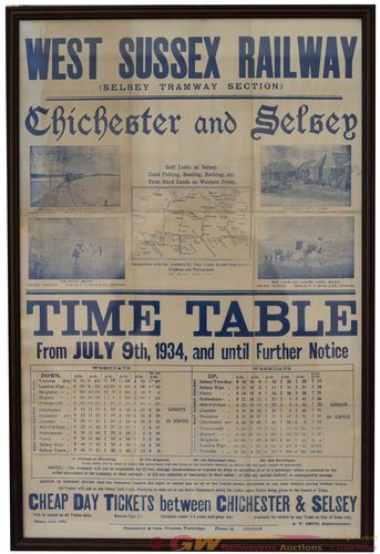 Vintage 1934 West Sussex Railway Chichester to Selsey Railway Timetable Poster A3/A4