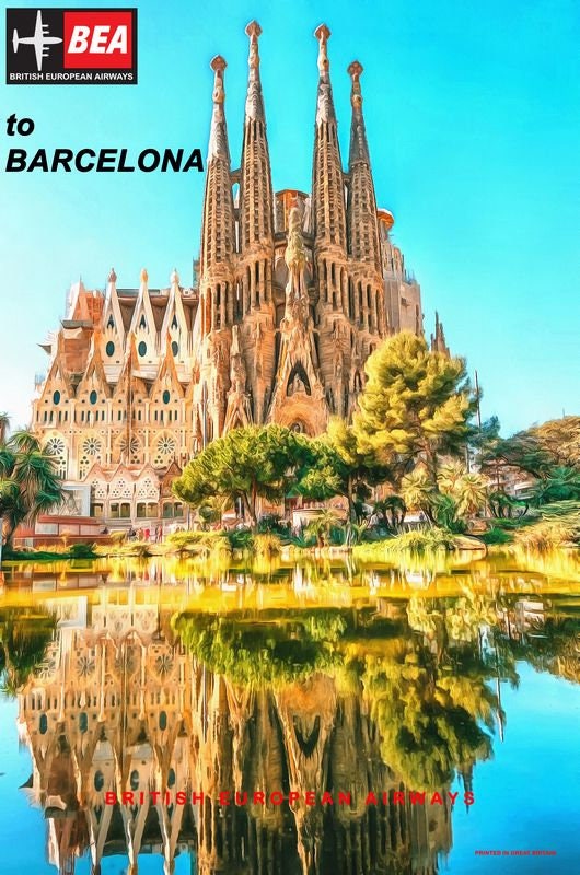 Vintage Style Airline Poster BEA to Barcelona A4/A3/A2 Print