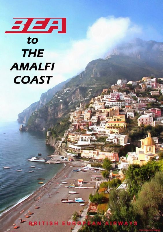 Vintage Style Airline Poster BEA to Positano Amalfi Coast A4/A3/A2 Print