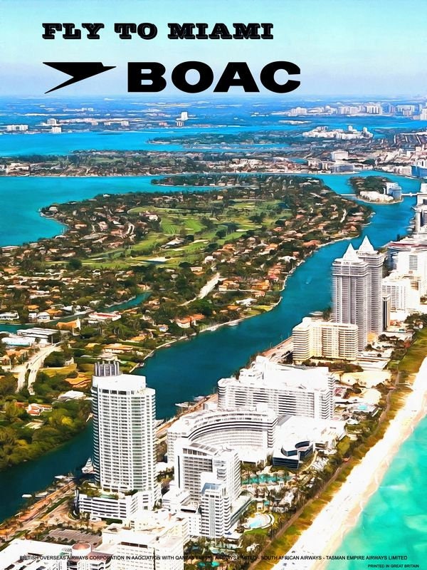 Vintage Style Airline Poster BOAC to Miami A4/A3/A2 Print