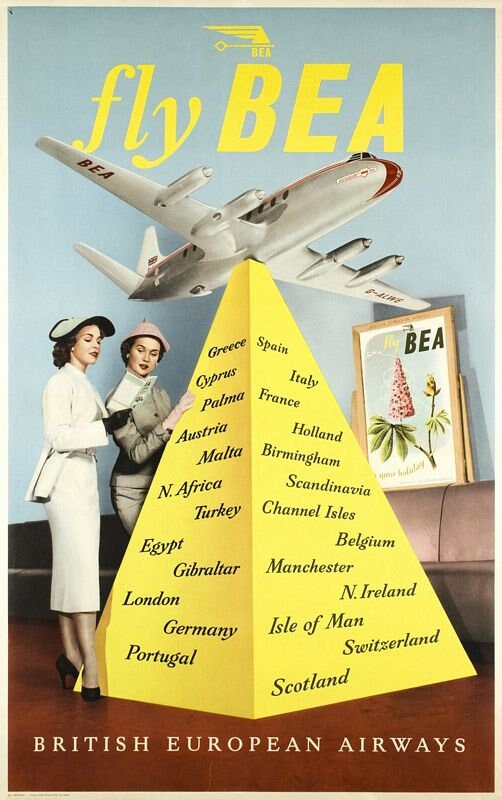 Vintage BEA Flights to Europe Airline Poster Print A3/A4