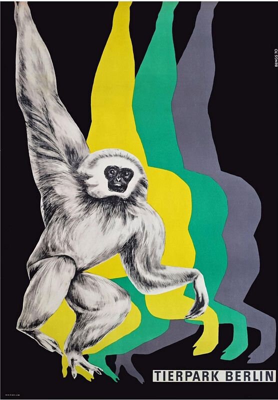 Vintage Tierpark Berlin Zoo Gibbon Tourism Poster Print A3/A4