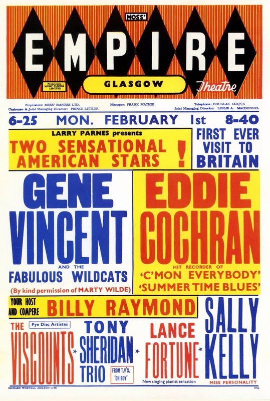 Vintage Gene Vincent Eddie Cochran Glasgow Concert Poster Print A3/A4