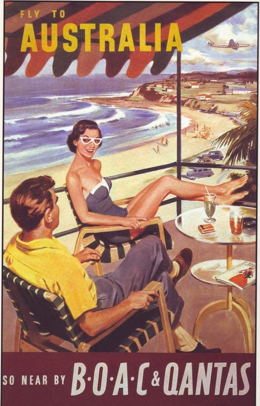 Vintage BOAC Qantas Flights To Australia Airline Poster Print A3/A4