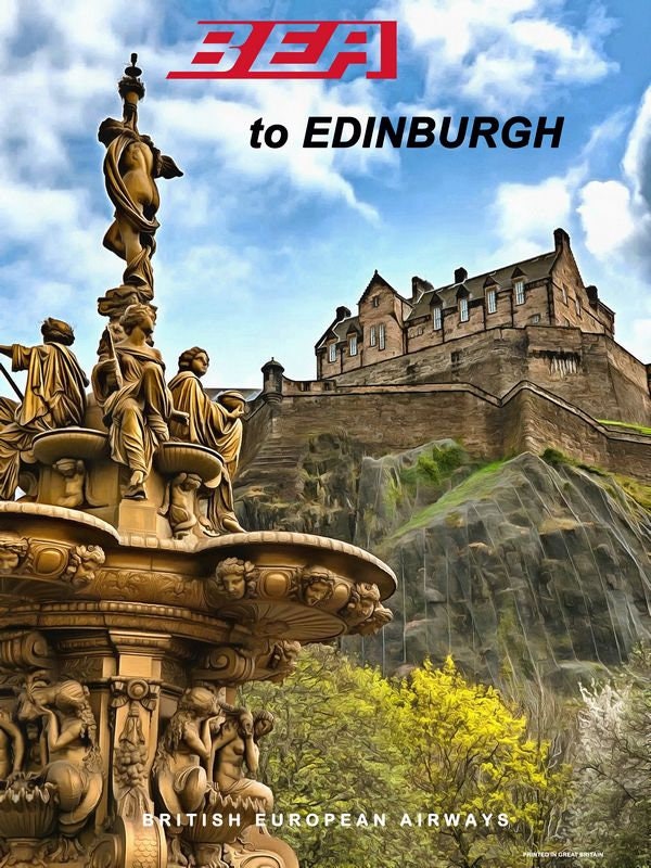 Vintage Style Airline Poster BEA to Edinburgh A4/A3/A2 Print