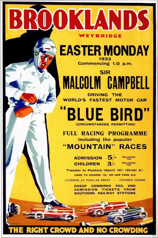 Vintage Brooklands Malcolm Campbell Bluebird Motor Racing Poster Print A3/A4