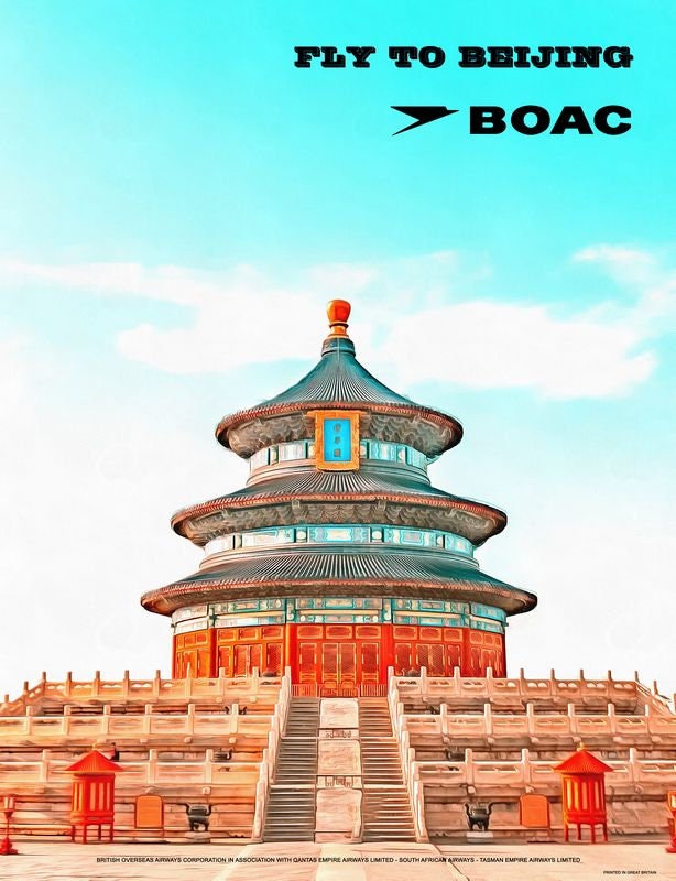Vintage Style Airline Poster BOAC to Beijing A4/A3/A2 Print