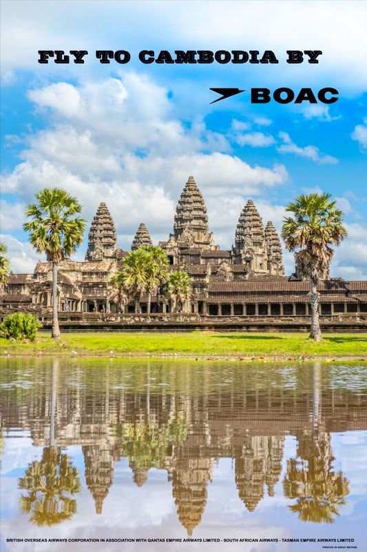 Vintage Style Airline Poster BOAC to Cambodia A4/A3/A2 Print