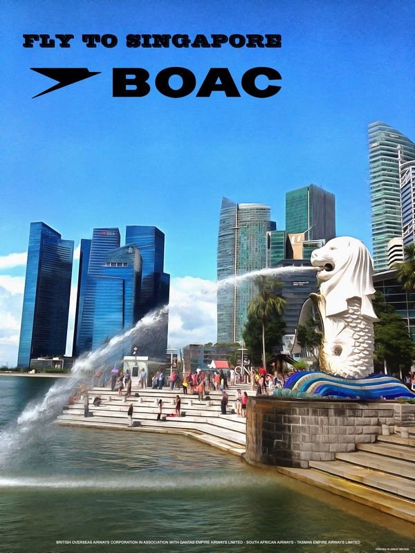 Vintage Style Airline Poster BOAC to Singapore A4/A3/A2 Print
